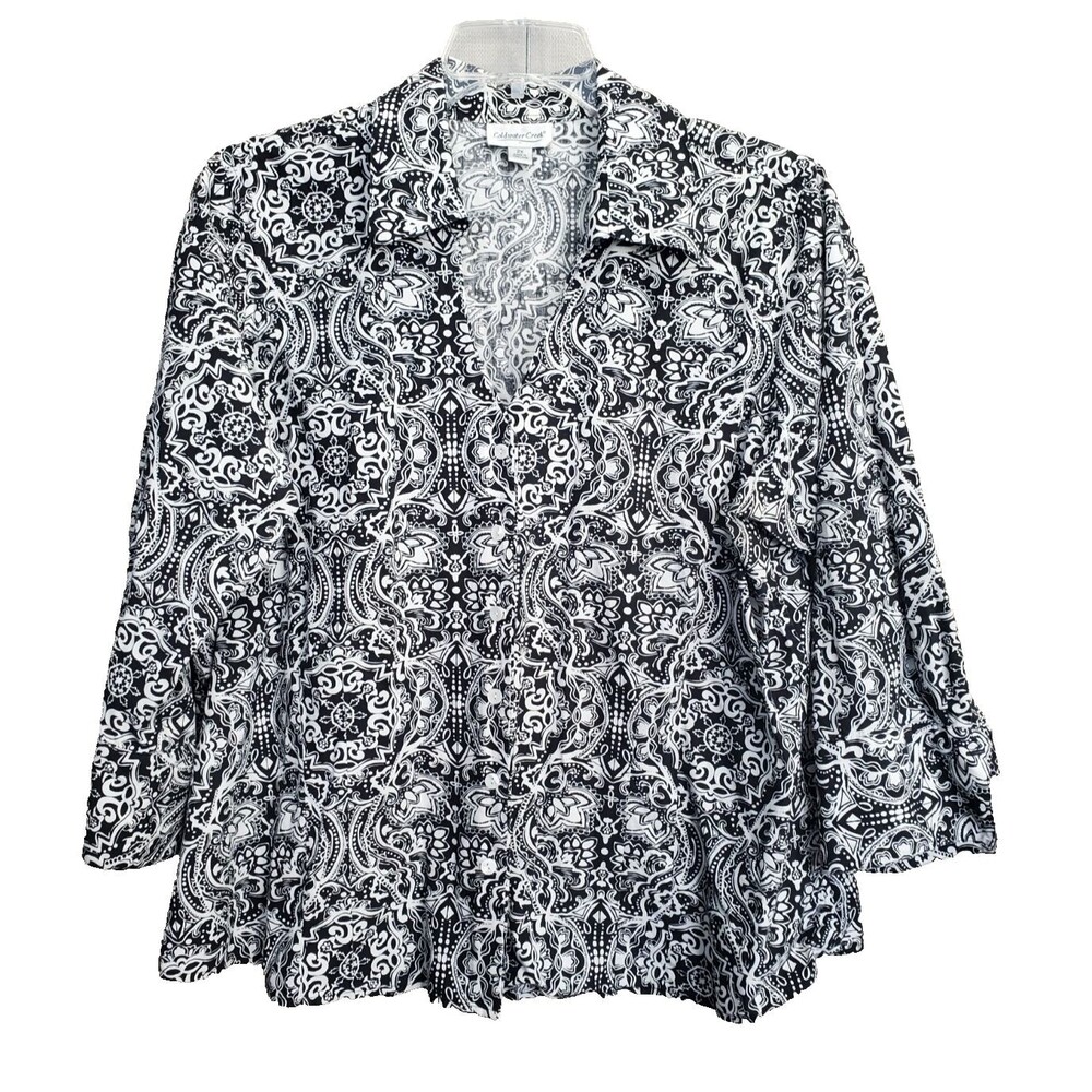 Coldwater Creek 100% Cotton Black Paisley 3/4 Sleeve Button-Up Shirt Size 2X